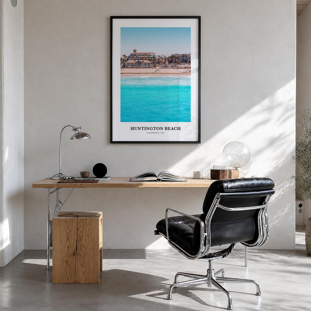 Huntington Beach colorful classic poster of California, USA – vertical wall art in black wood frame, hanging on wall