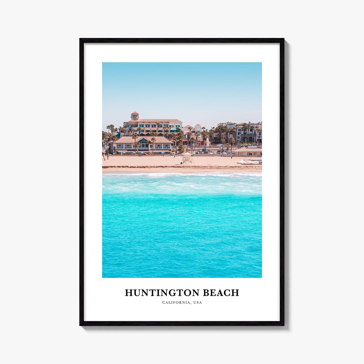 Huntington Beach colorful classic poster of California, USA – vertical wall art, unframed print shown in interior mockup