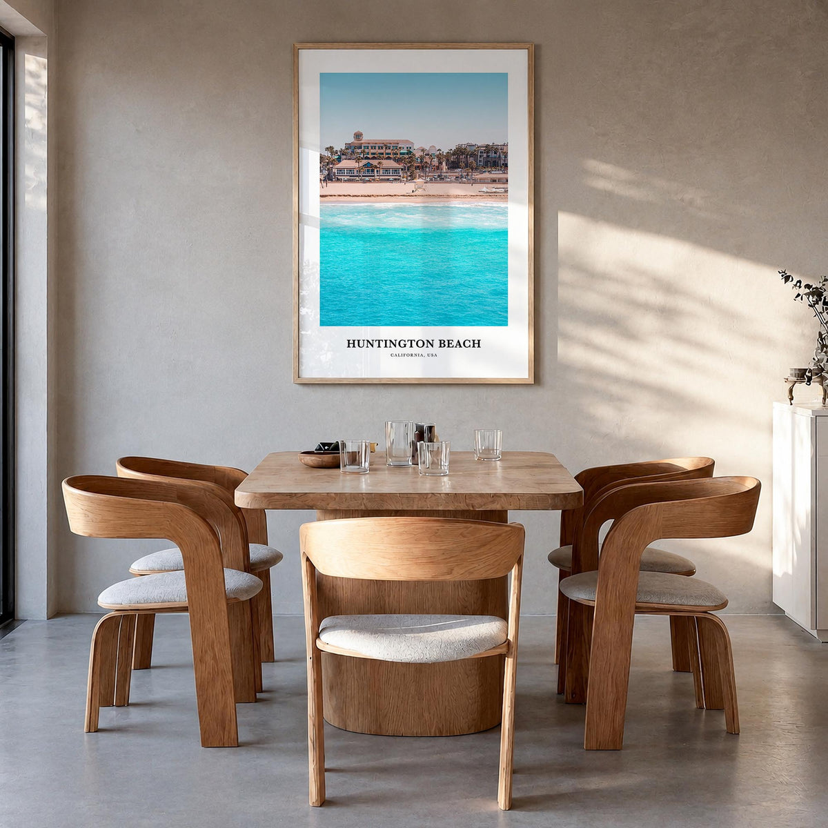 Huntington Beach colorful classic poster of California, USA – vertical wall art in natural wood frame, hanging on wall