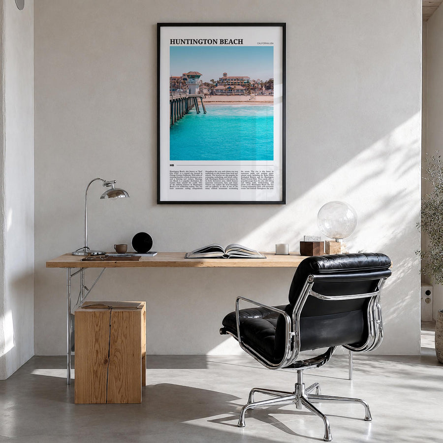 Huntington Beach colorful travel poster of California, USA – vertical wall art in black wood frame, hanging on wall