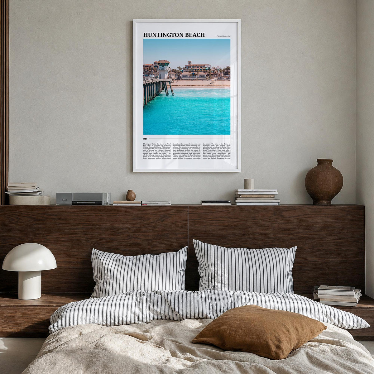 Huntington Beach colorful travel poster of California, USA – vertical wall art in white wood frame, hanging on wall