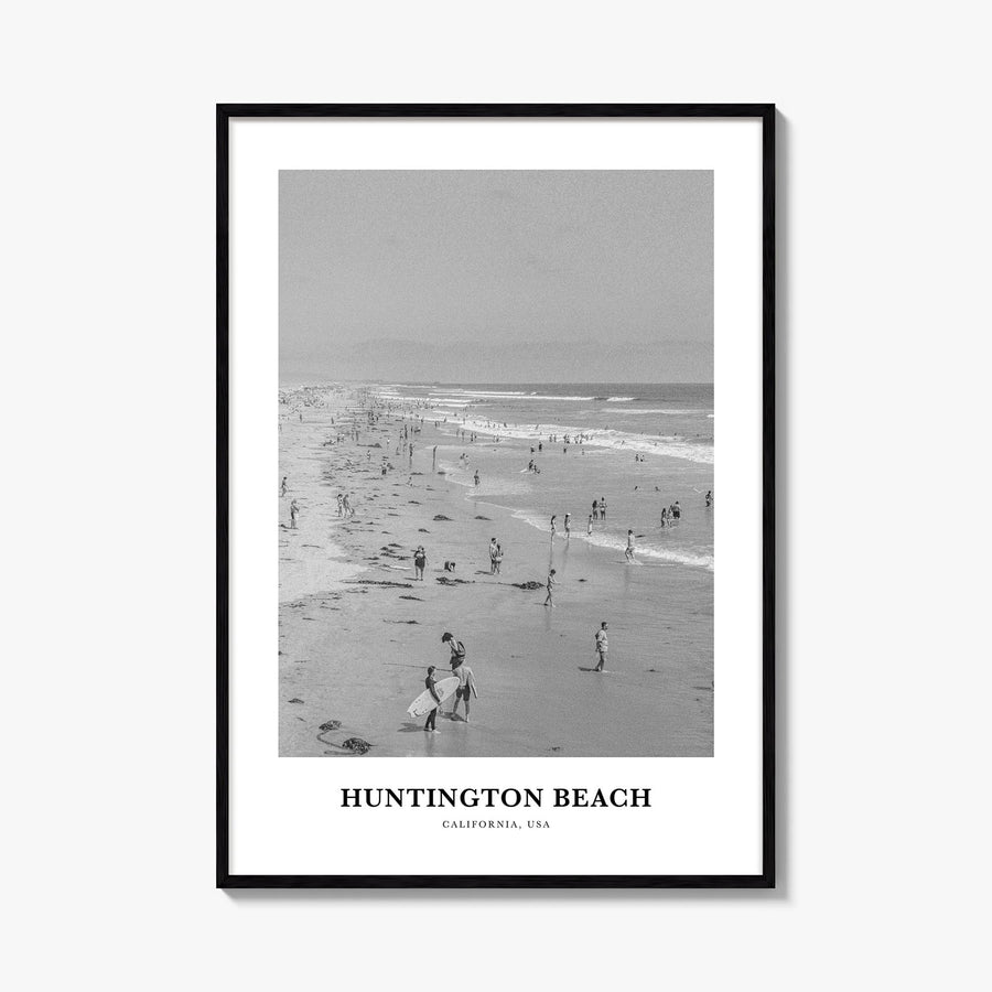 Huntington Beach no. 1 black & white classic poster of California, USA – vertical wall art, unframed print shown in interior 