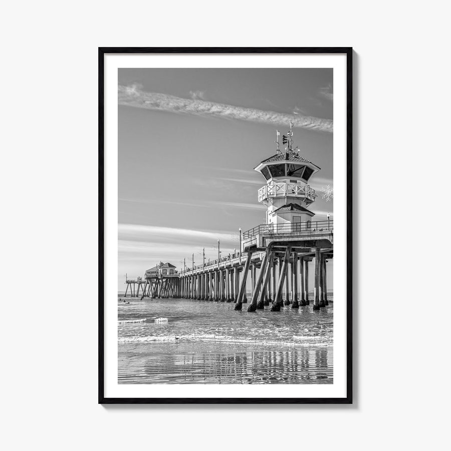Huntington Beach no. 2 black & white photo poster of California, USA – vertical wall art, unframed print shown in interior mo