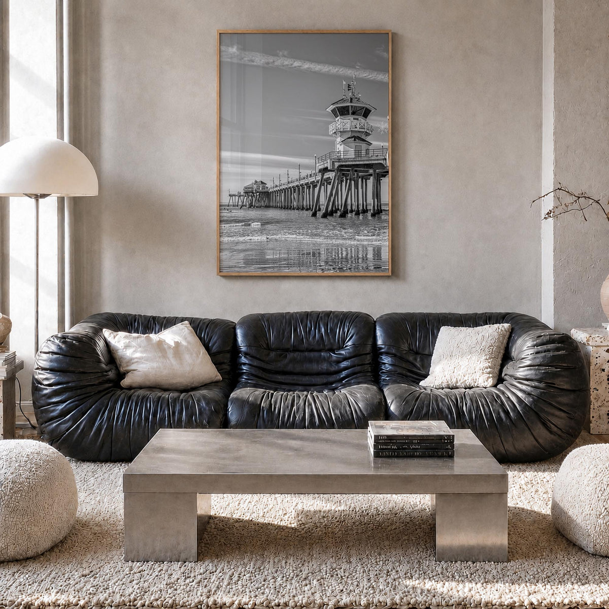Huntington Beach no. 2 black & white photo poster of California, USA – vertical wall art in natural wood frame, hanging on wa