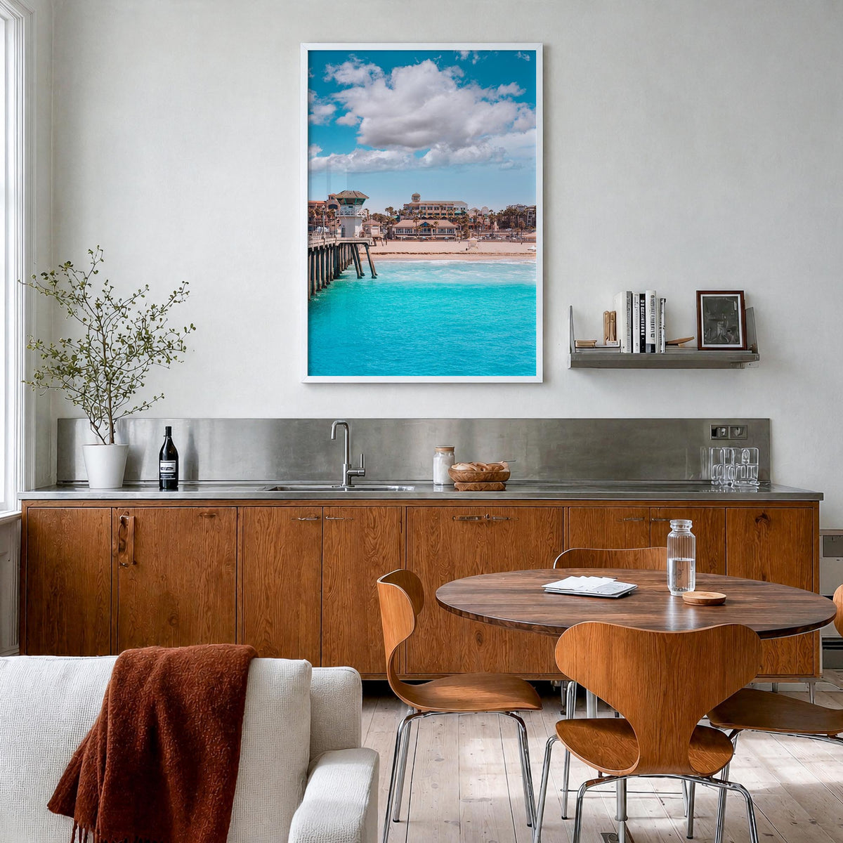 Huntington Beach no. 1 colorful photo poster of California, USA – vertical wall art in white wood frame, hanging on wall