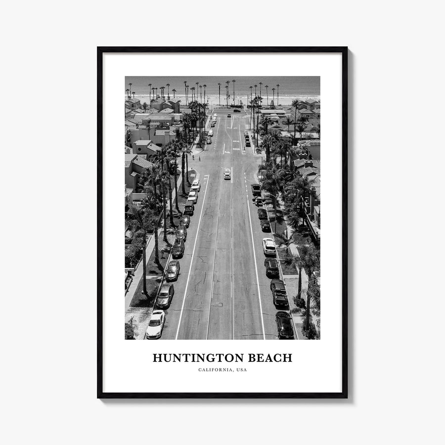 Huntington Beach no. 2 black & white classic poster of California, USA – vertical wall art, unframed print shown in interior 