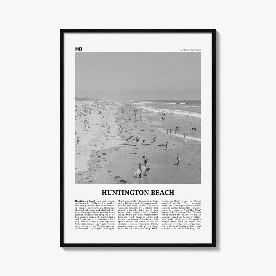 Huntington Beach no. 2 black & white newspaper poster of California, USA – vertical wall art, unframed print shown in interio