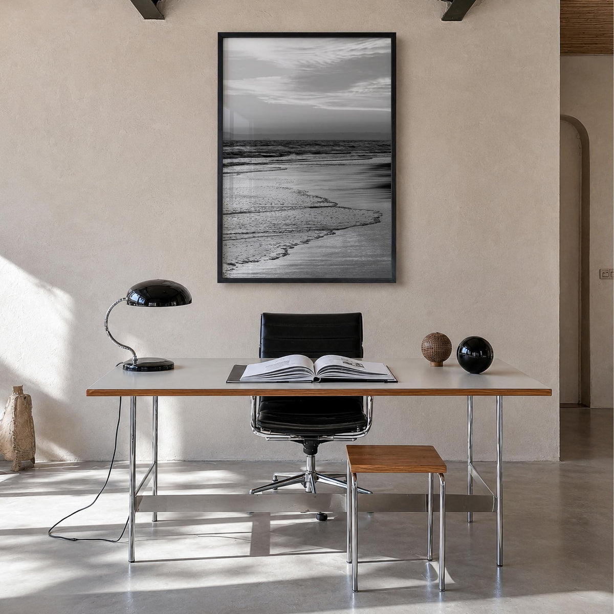 Huntington Beach no. 1 black & white photo poster of California, USA – vertical wall art in black wood frame, hanging on wall