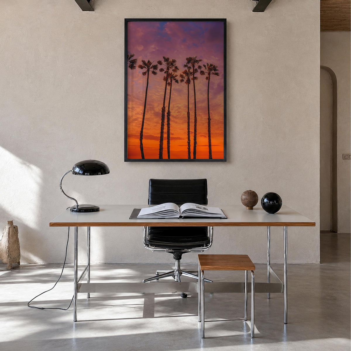 Huntington Beach no. 2 colorful photo poster of California, USA – vertical wall art in black wood frame, hanging on wall
