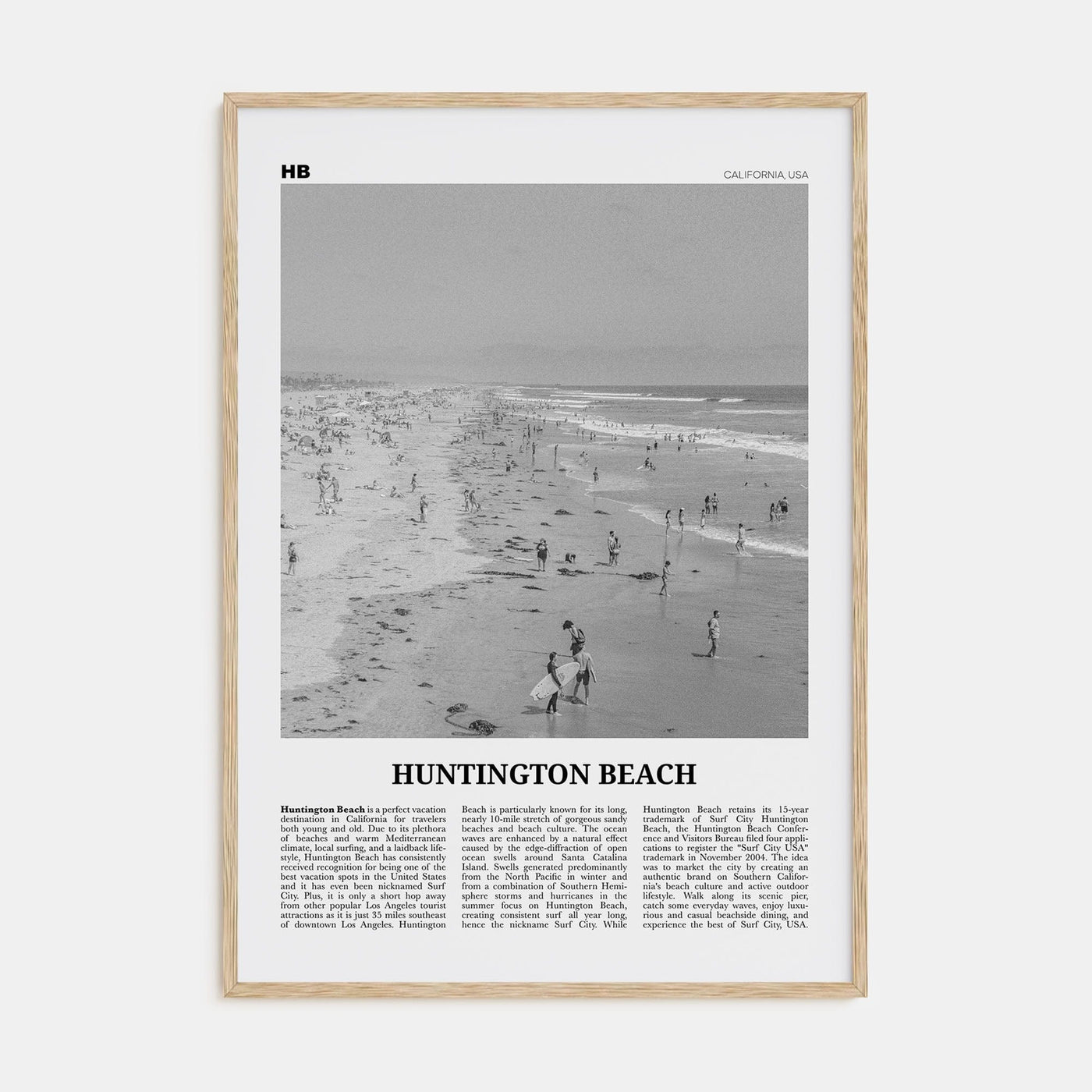 Huntington Beach No 2 Poster Natural Wood / 8x12 in Nbourhood Travel B&W Poster