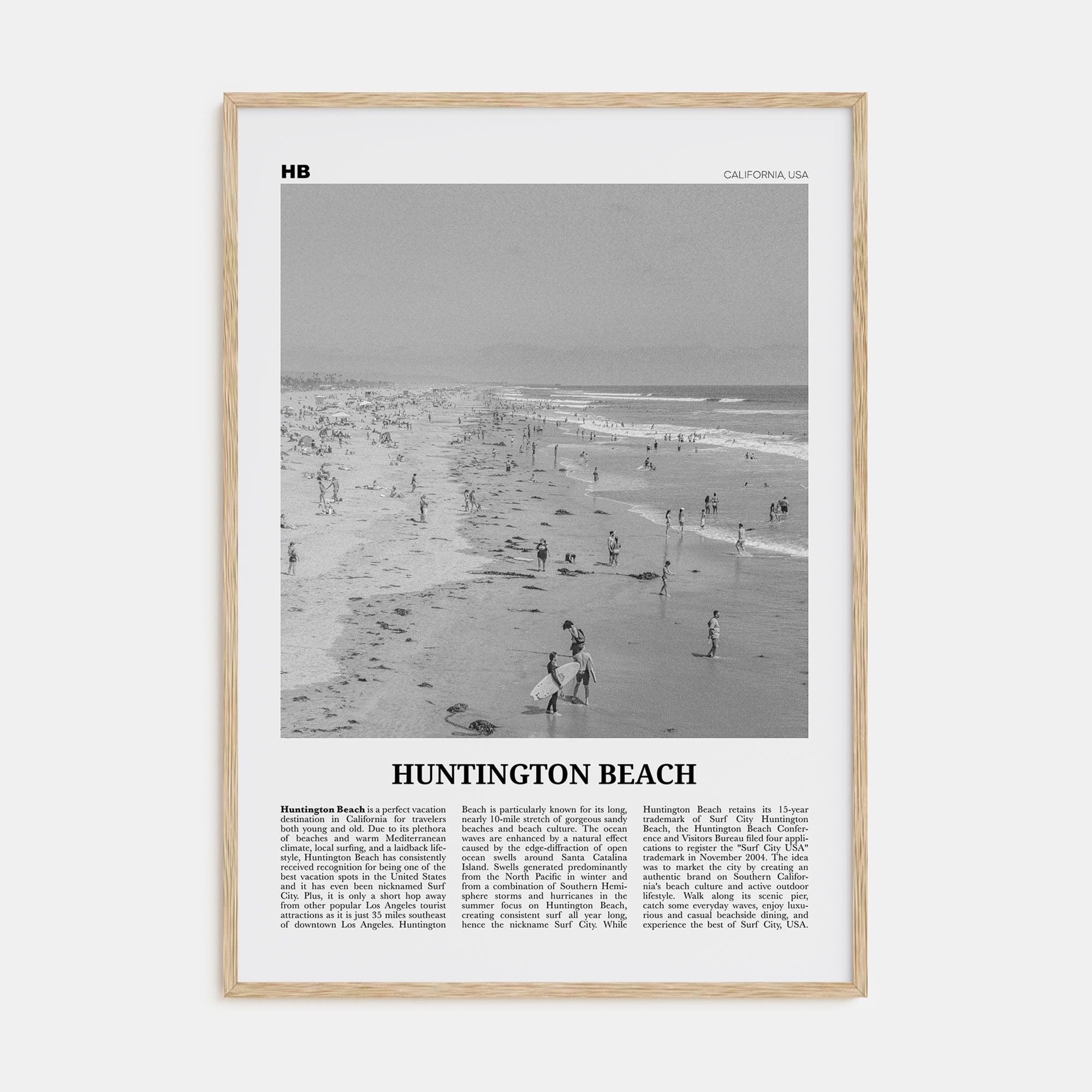 Huntington Beach No 2 Poster Natural Wood / 8x12 in Nbourhood Travel B&W Poster