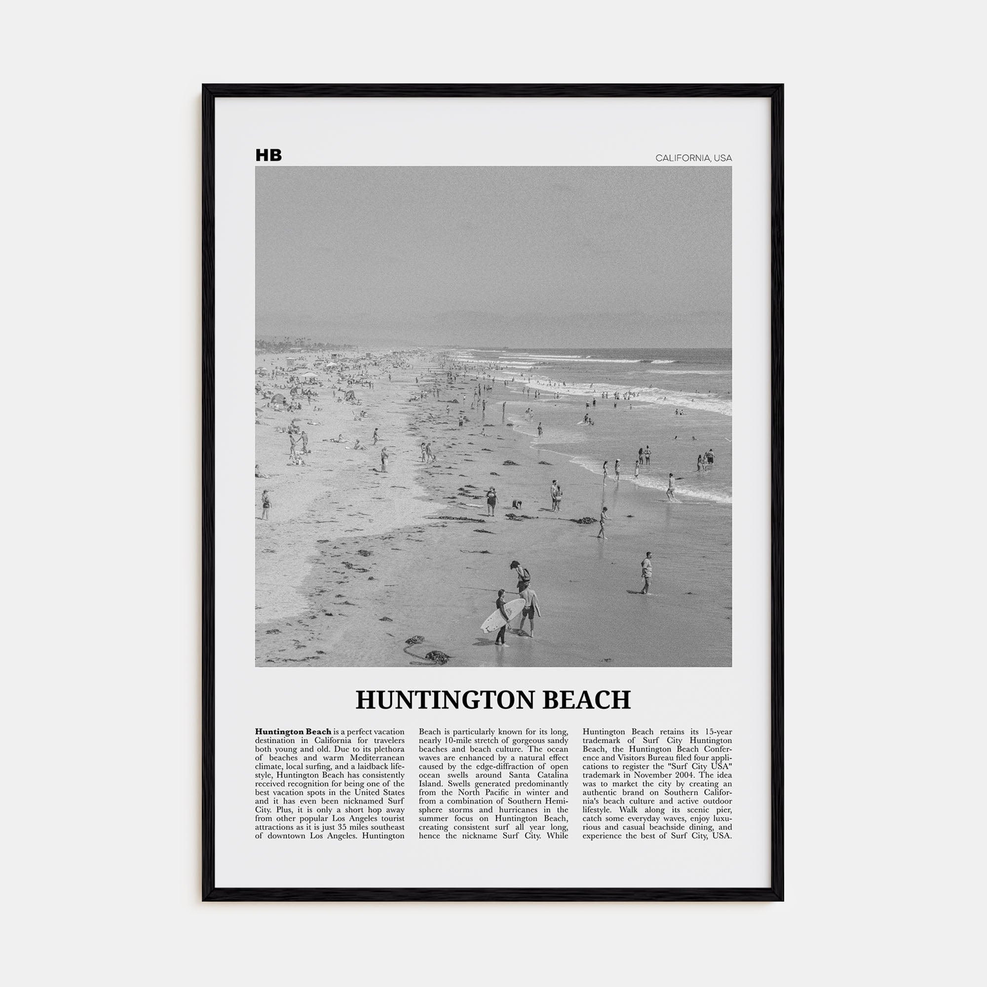 Huntington Beach No 2 Poster Black Wood / 8x12 in Nbourhood Travel B&W Poster