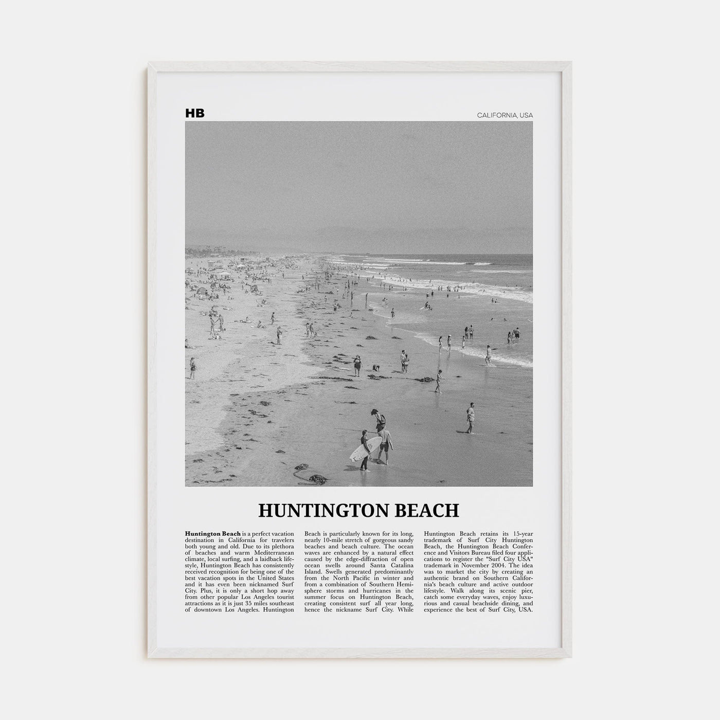 Huntington Beach No 2 Poster White Wood / 8x12 in Nbourhood Travel B&W Poster