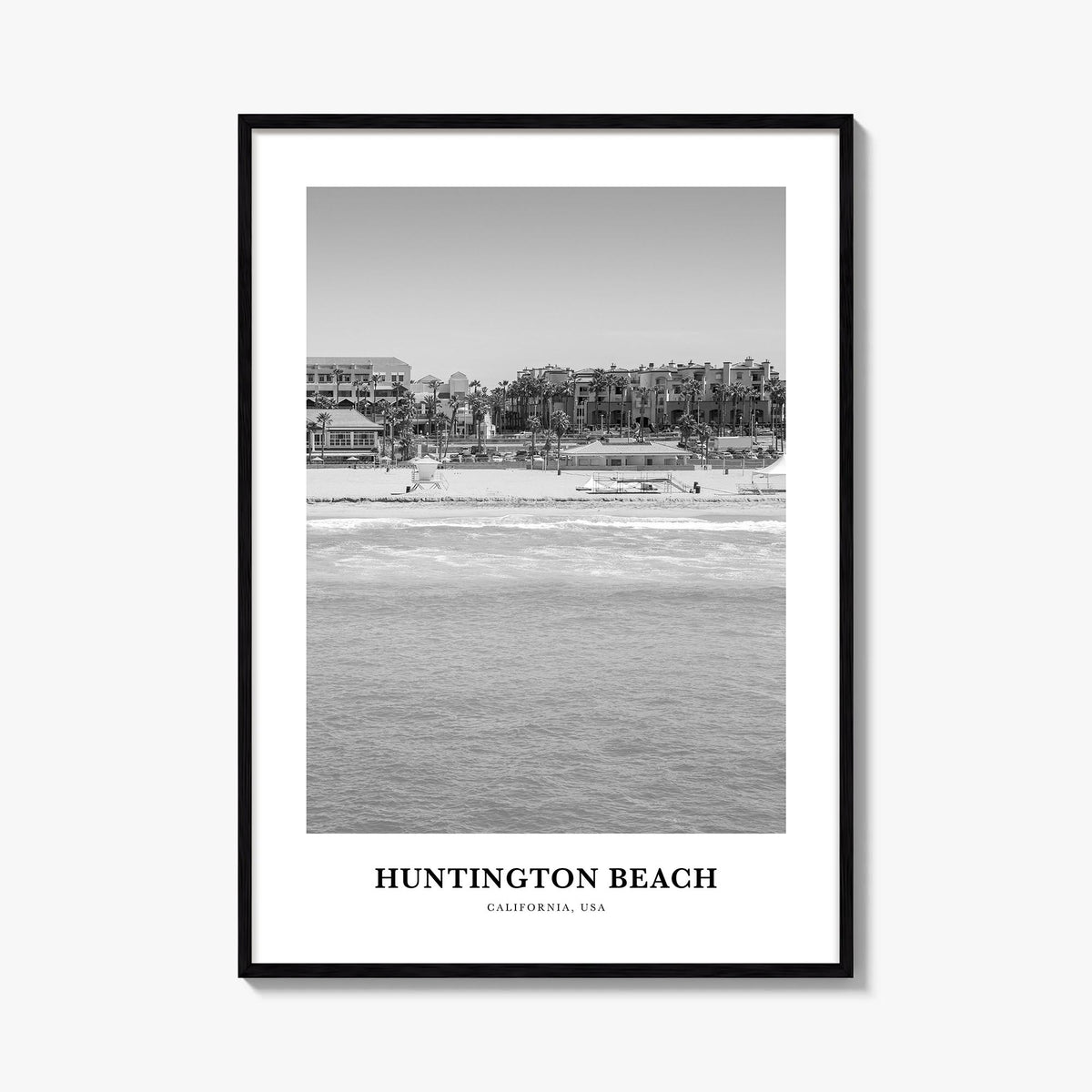 Huntington Beach no. 3 black & white classic poster of California, USA – vertical wall art, unframed print shown in interior 