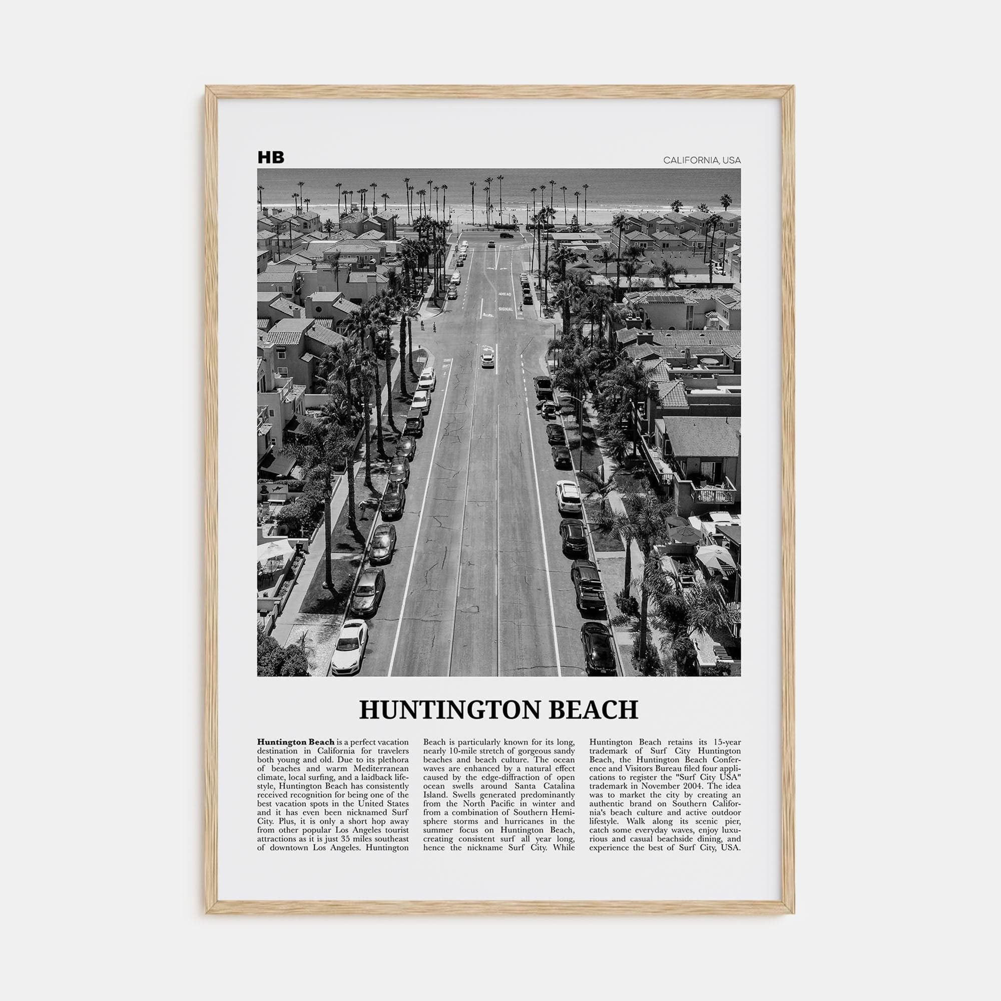 Huntington Beach No 3 Poster Natural Wood / 8x12 in Nbourhood Travel B&W Poster