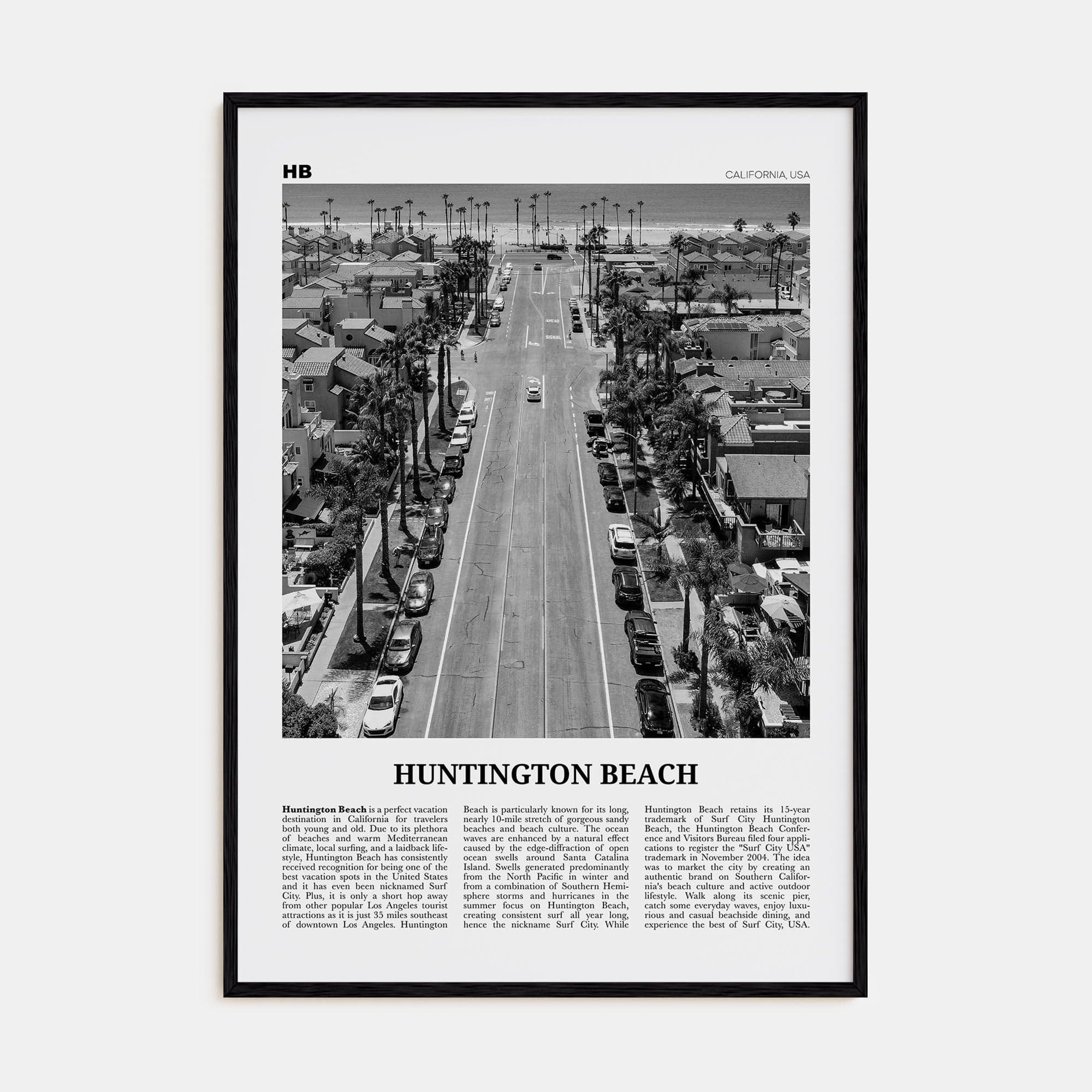 Huntington Beach No 3 Poster Black Wood / 8x12 in Nbourhood Travel B&W Poster