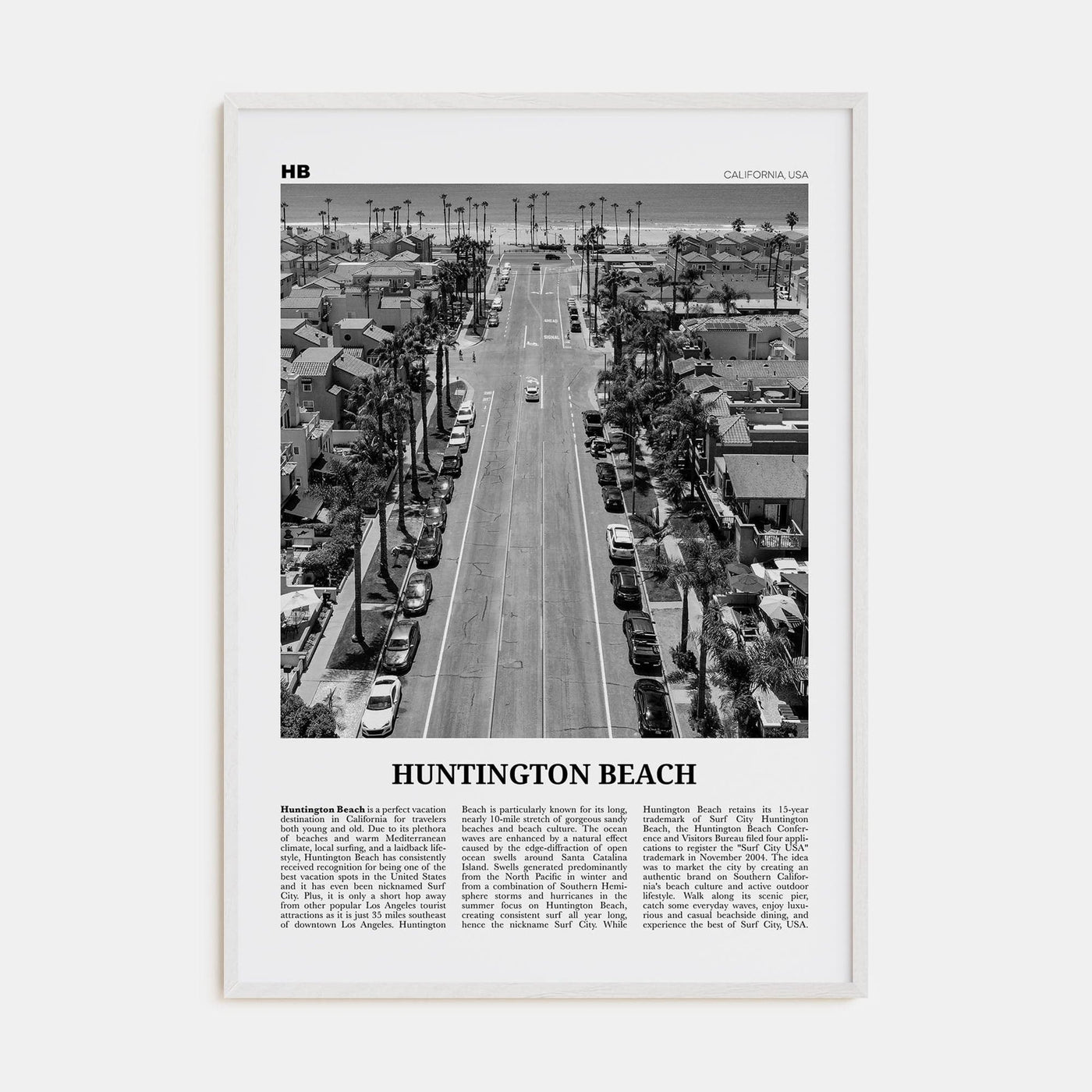 Huntington Beach No 3 Poster White Wood / 8x12 in Nbourhood Travel B&W Poster