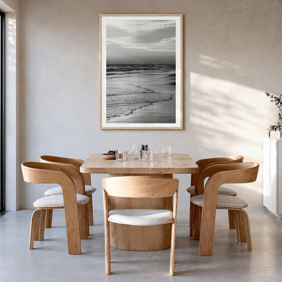 Huntington Beach Photo No 2 Poster in a natural wood frame, hanging in a dining room, white border