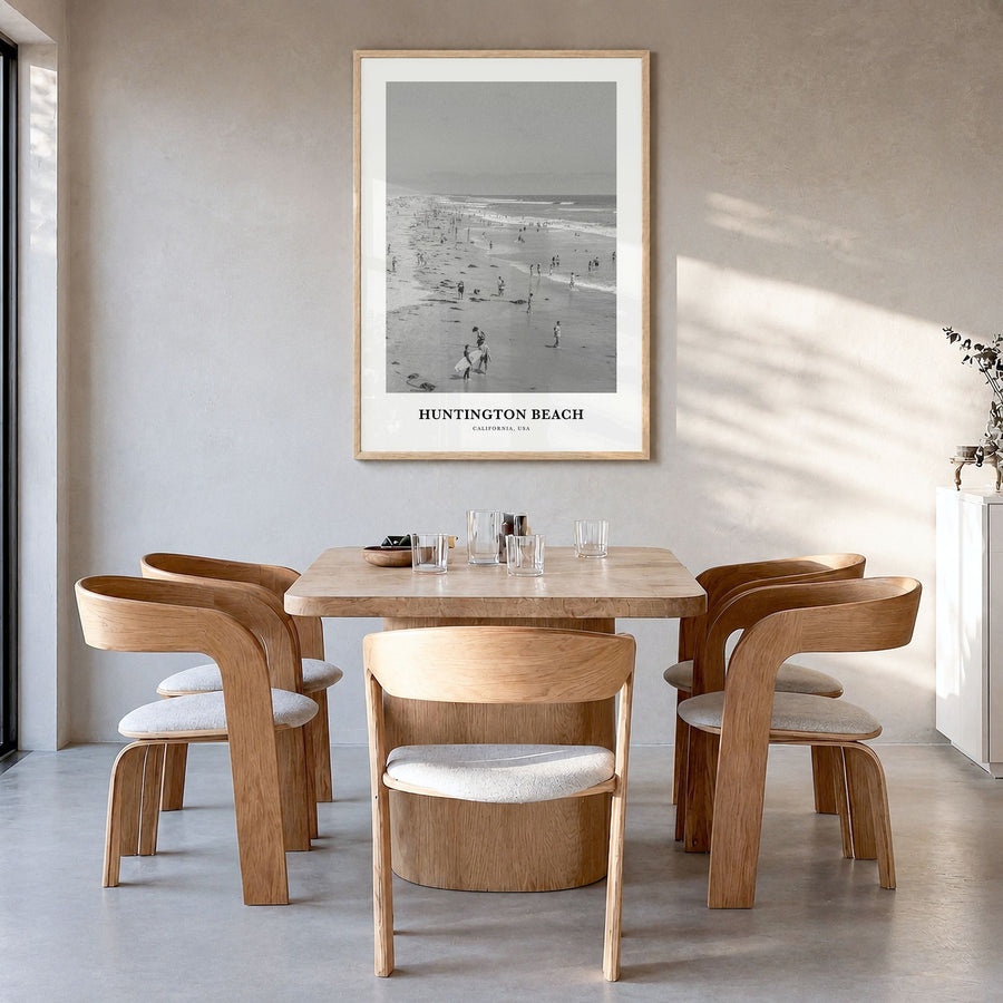 Huntington Beach Classic No 1 Poster in a natural wood frame, hanging in a dining room