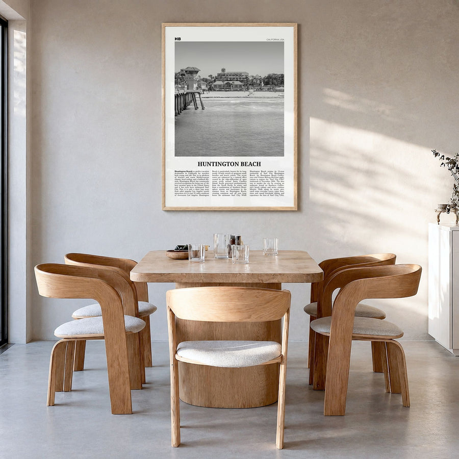Huntington Beach Newspaper No 1 Poster in a natural wood frame, hanging in a dining room