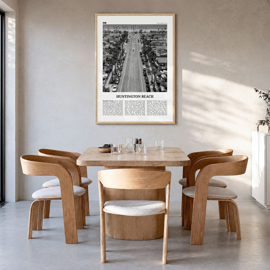 Huntington Beach Newspaper No 3 Poster in a natural wood frame, hanging in a dining room