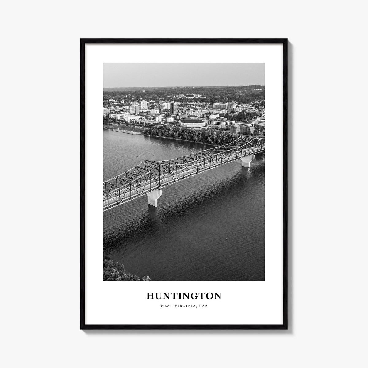 Huntington black & white classic poster of West Virginia, USA – vertical wall art, unframed print shown in interior mockup