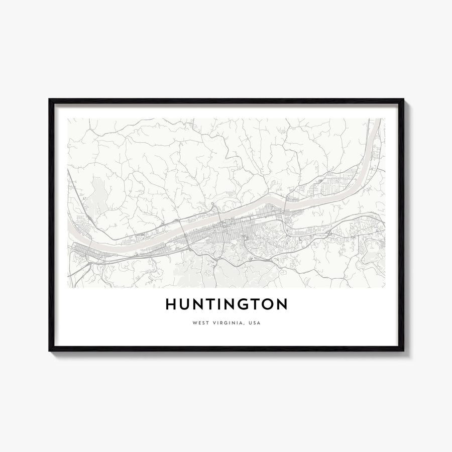 Huntington black & white map poster of West Virginia, USA – horizontal wall art, unframed print shown in interior mockup