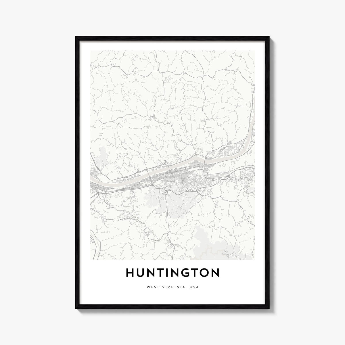 Huntington black & white map poster of West Virginia, USA – vertical wall art, unframed print shown in interior mockup