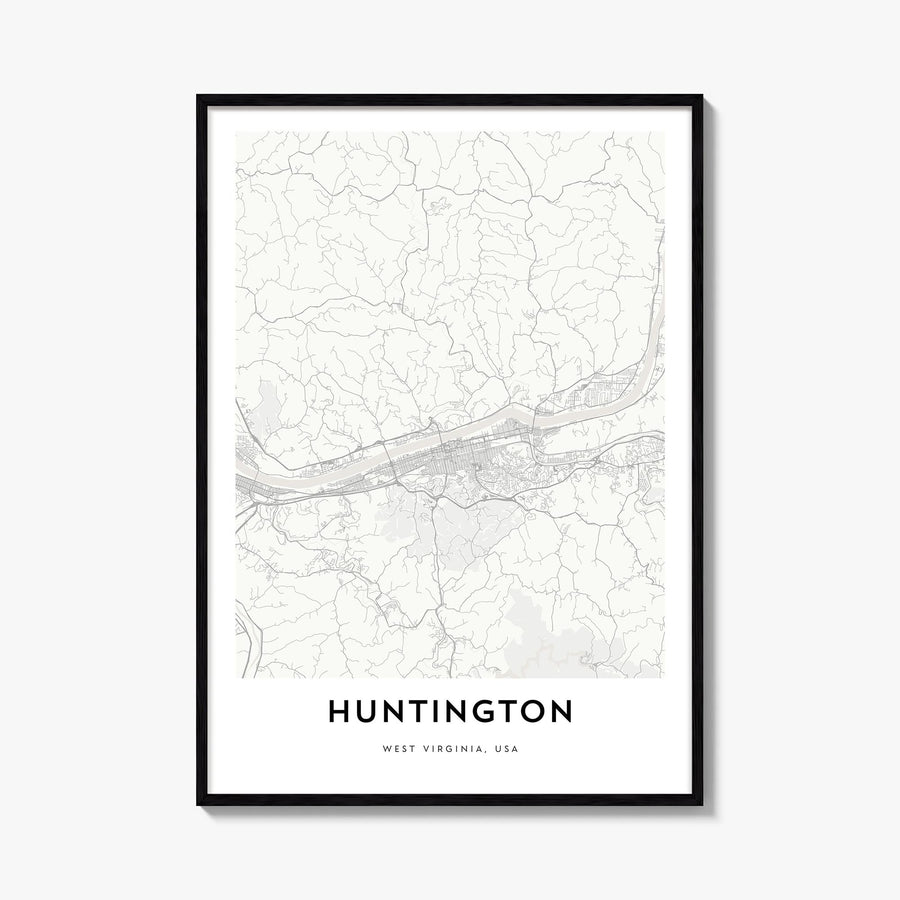 Huntington black & white map poster of West Virginia, USA – vertical wall art, unframed print shown in interior mockup