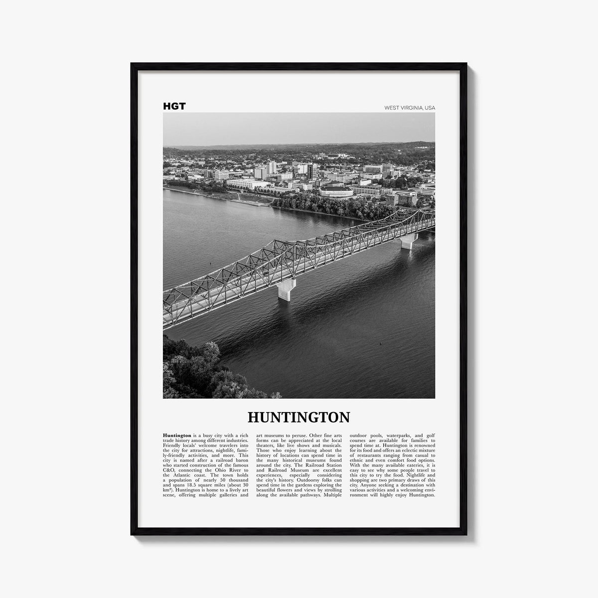 Huntington black & white newspaper poster of West Virginia, USA – vertical wall art, unframed print shown in interior mockup