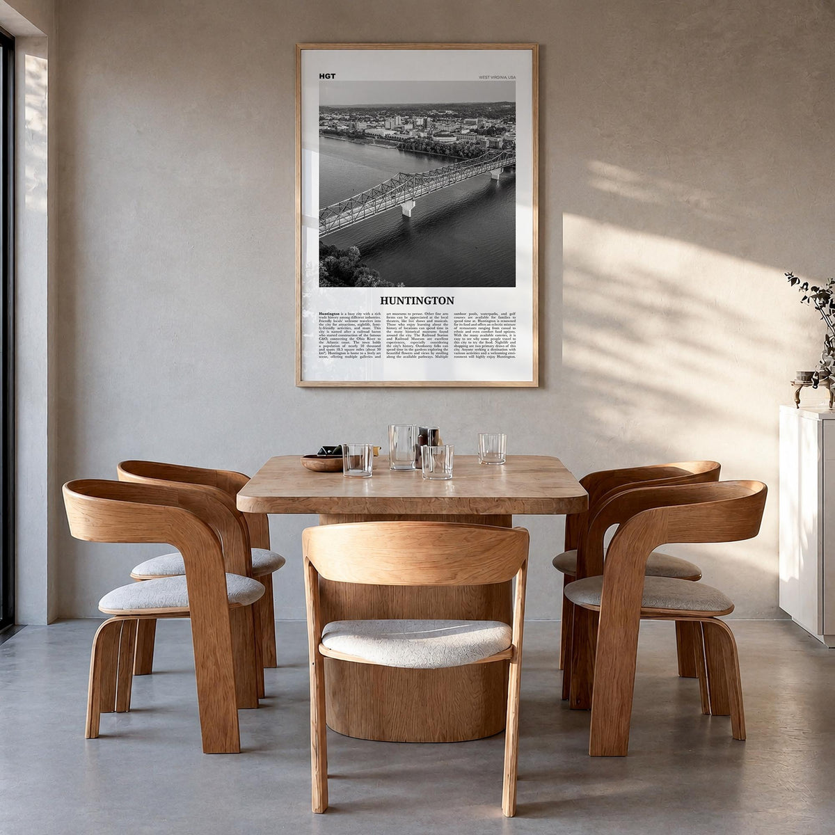 Huntington black & white newspaper poster of West Virginia, USA – vertical wall art in natural wood frame, hanging on wall