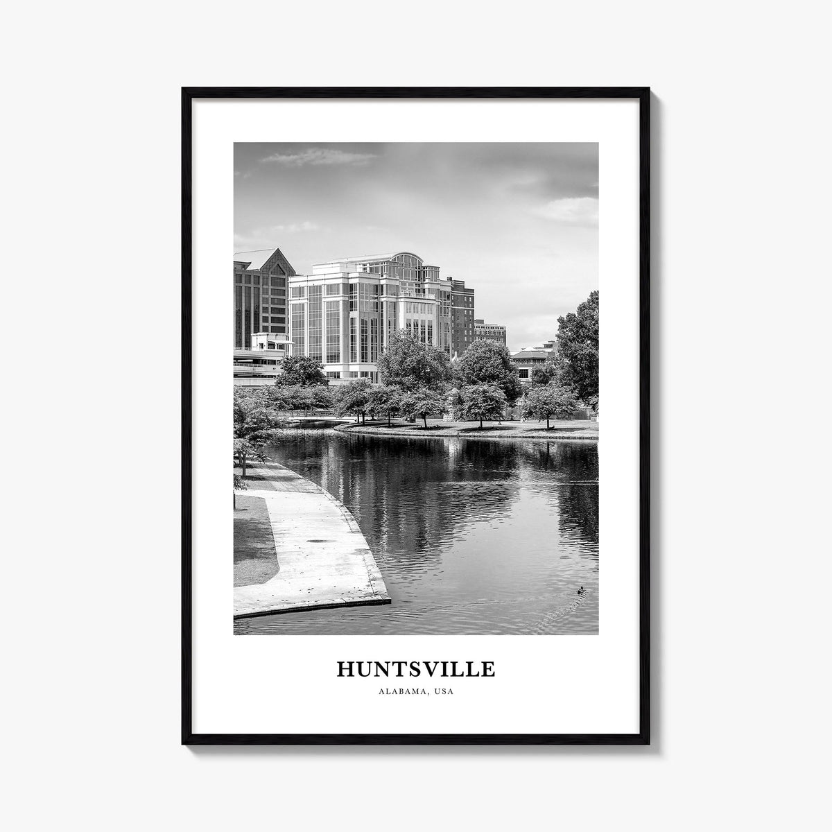 Huntsville black & white classic poster of Alabama, USA – vertical wall art, unframed print shown in interior mockup