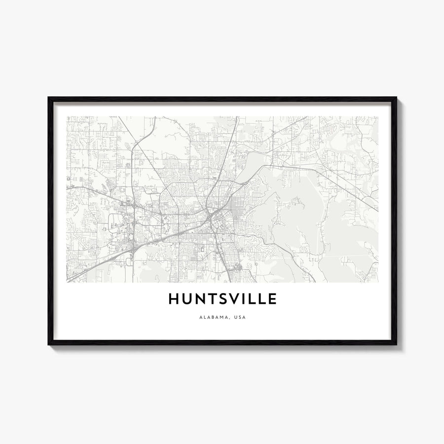 Huntsville black & white map poster of Alabama, USA – horizontal wall art, unframed print shown in interior mockup