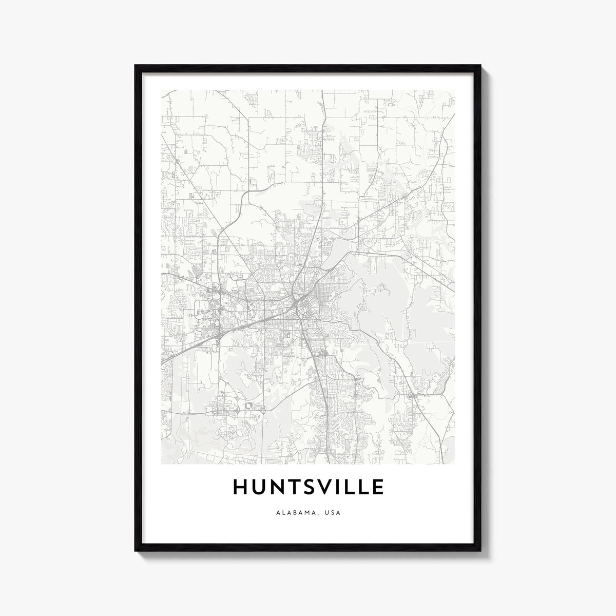 Huntsville black & white map poster of Alabama, USA – vertical wall art, unframed print shown in interior mockup