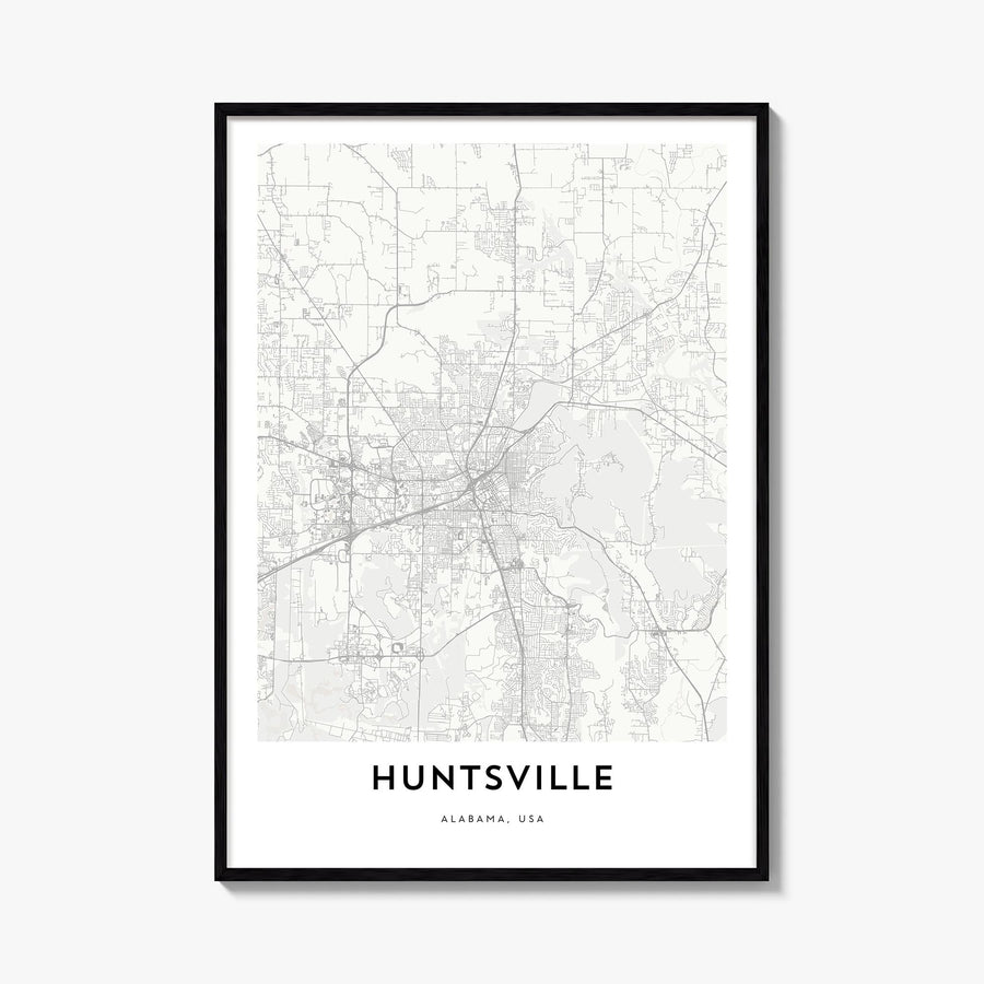 Huntsville black & white map poster of Alabama, USA – vertical wall art, unframed print shown in interior mockup