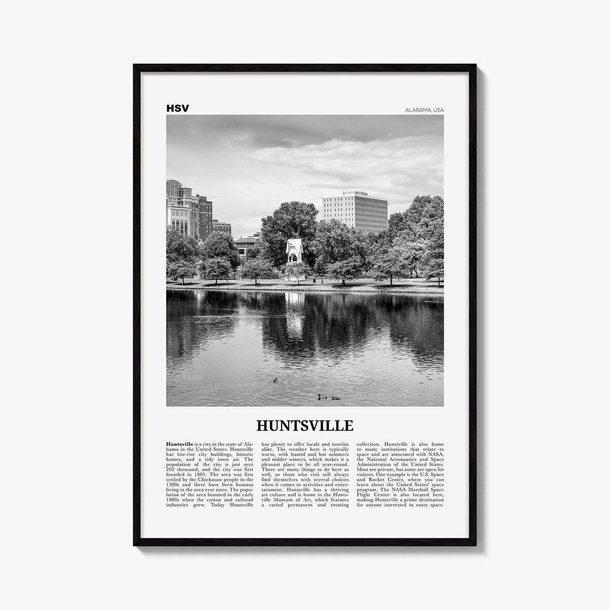 Huntsville black & white newspaper poster of Alabama, USA – vertical wall art, unframed print shown in interior mockup