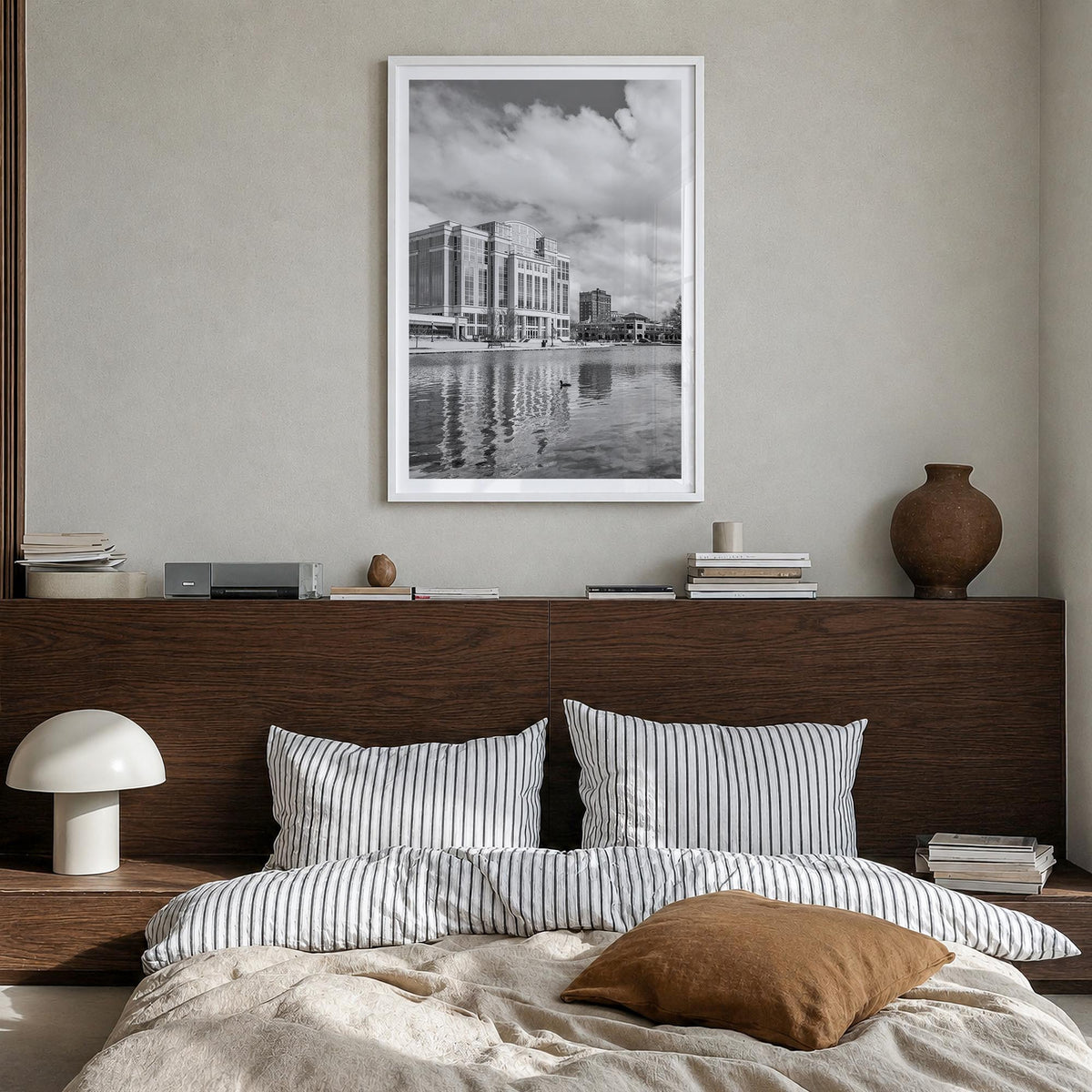 Huntsville black & white photo poster of Alabama, USA – vertical wall art in white wood frame with white border, hanging on w