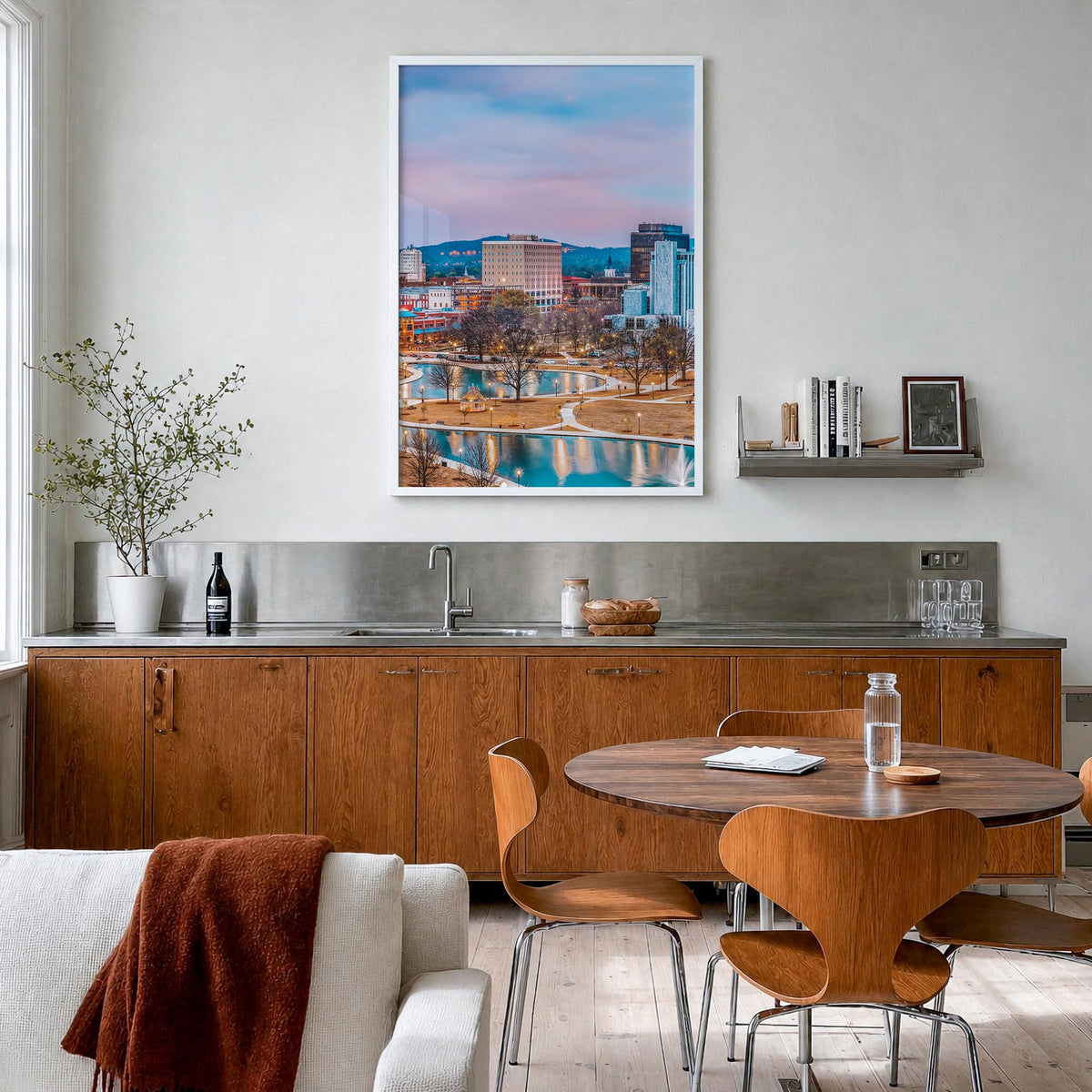 Huntsville colorful photo poster of Alabama, USA – vertical wall art in white wood frame, hanging on wall