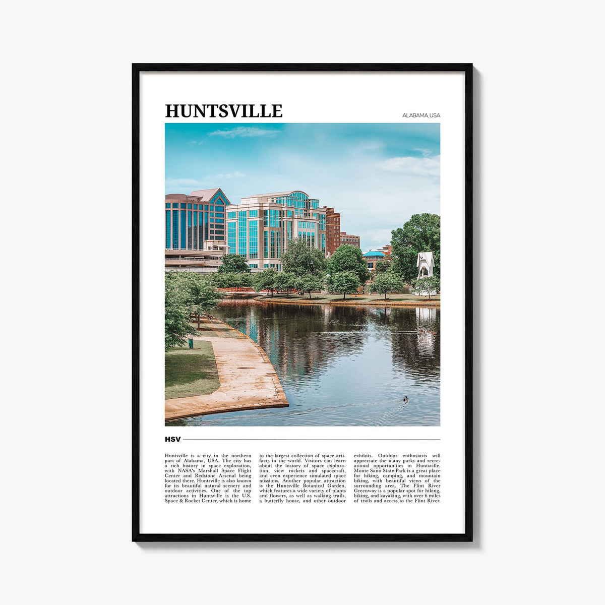 Huntsville colorful travel poster of Alabama, USA – vertical wall art, unframed print shown in interior mockup