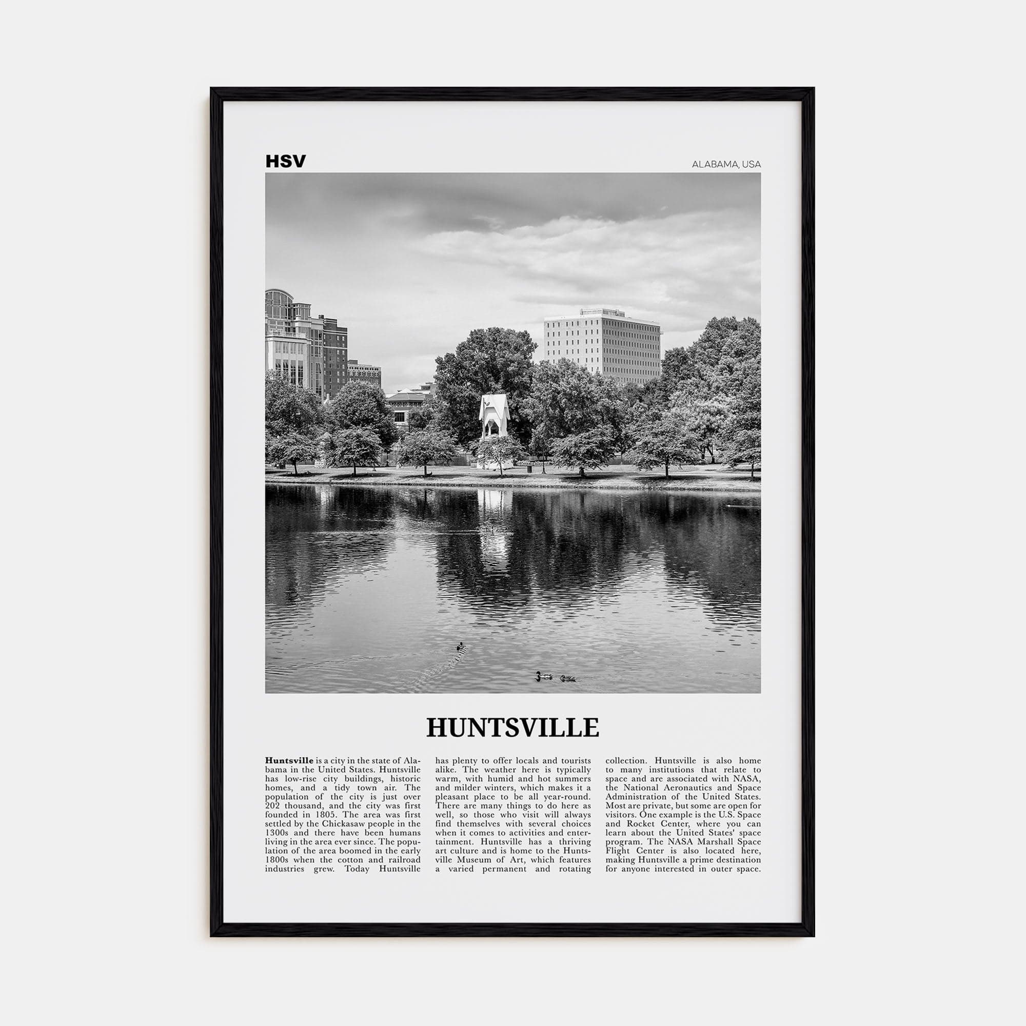 Huntsville Poster Black Wood / 8x12 in Nbourhood Travel B&W Poster