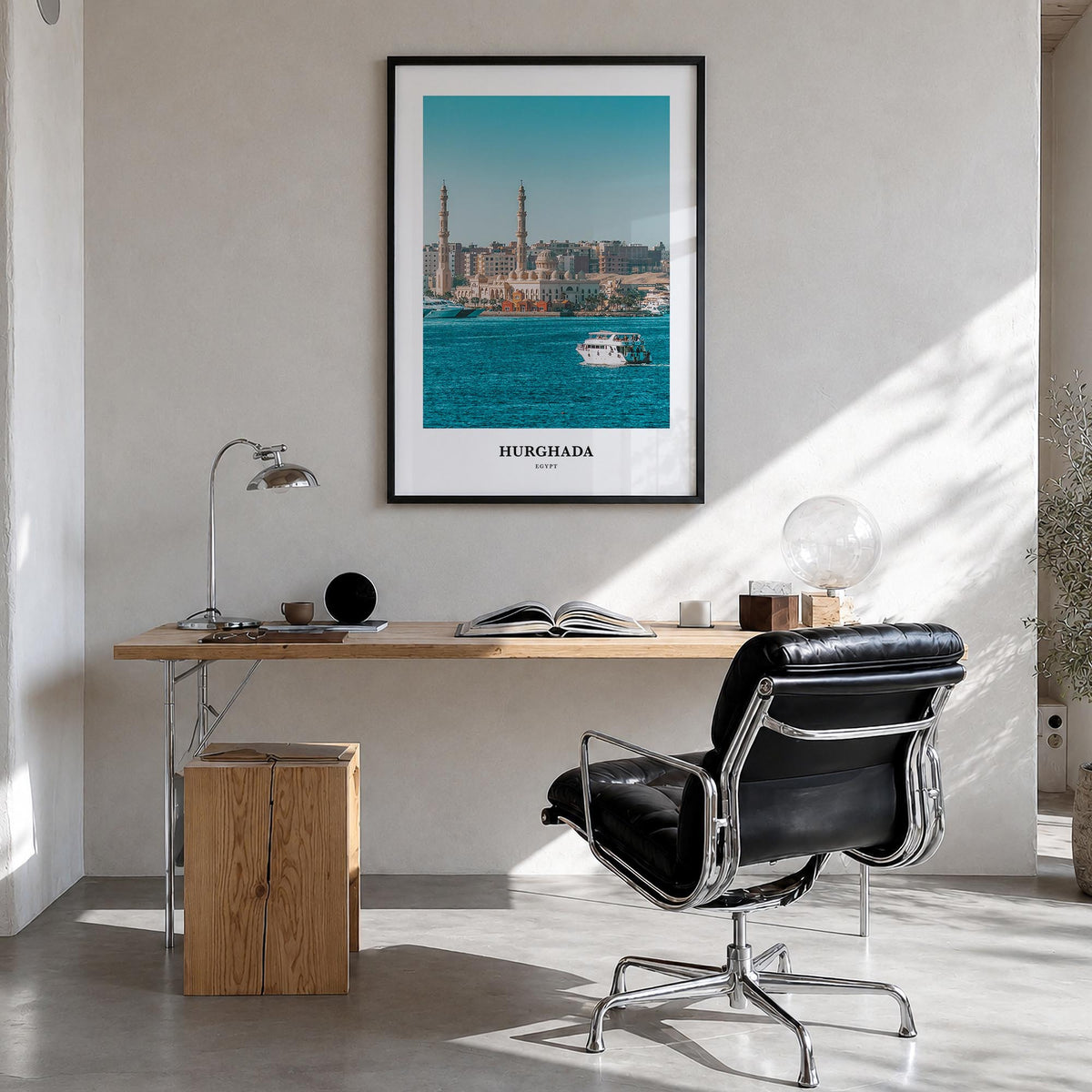 Hurghada colorful classic poster of Egypt – vertical wall art in black wood frame, hanging on wall
