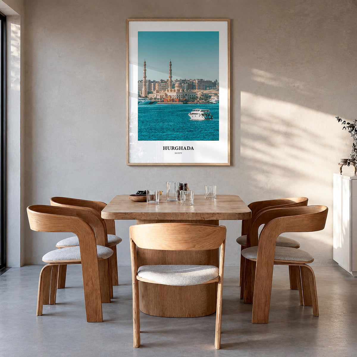 Hurghada colorful classic poster of Egypt – vertical wall art in natural wood frame, hanging on wall