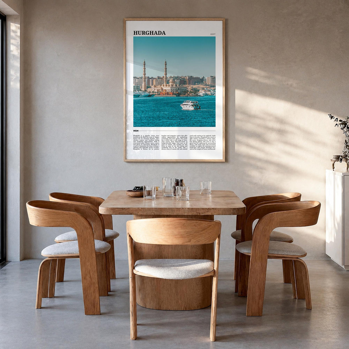 Hurghada colorful travel poster of Egypt – vertical wall art in natural wood frame, hanging on wall