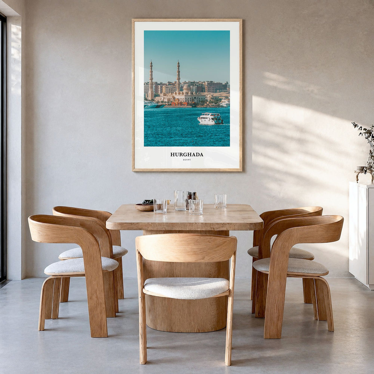 Hurghada Classic Poster in a natural wood frame, hanging in a dining room