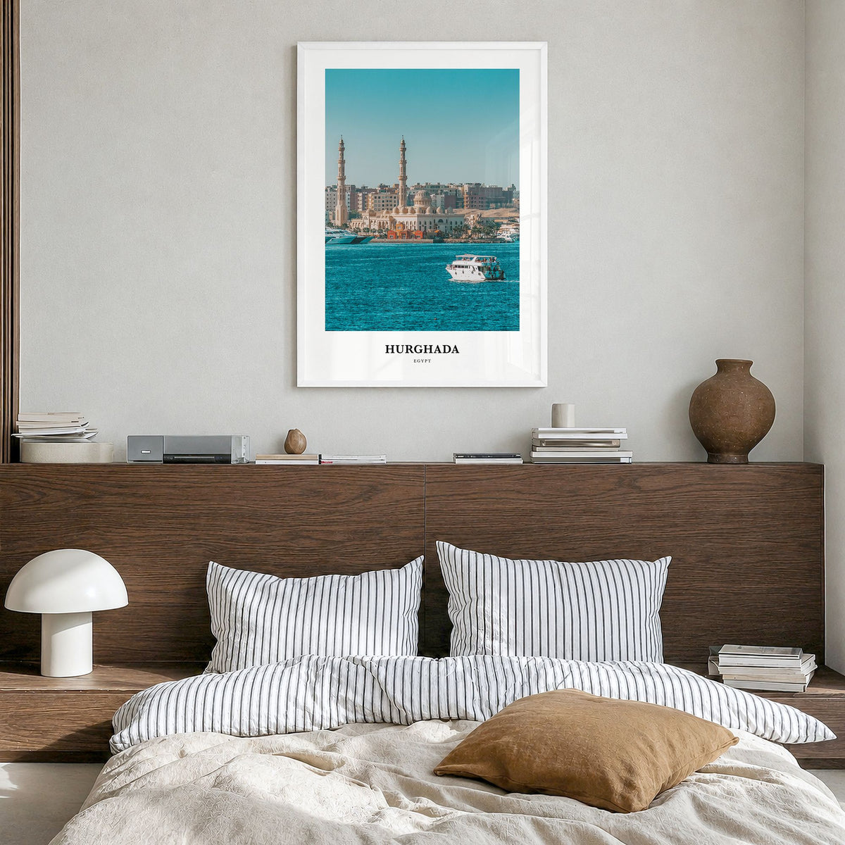 Hurghada Classic Poster in a white wood frame, hanging in a bedroom
