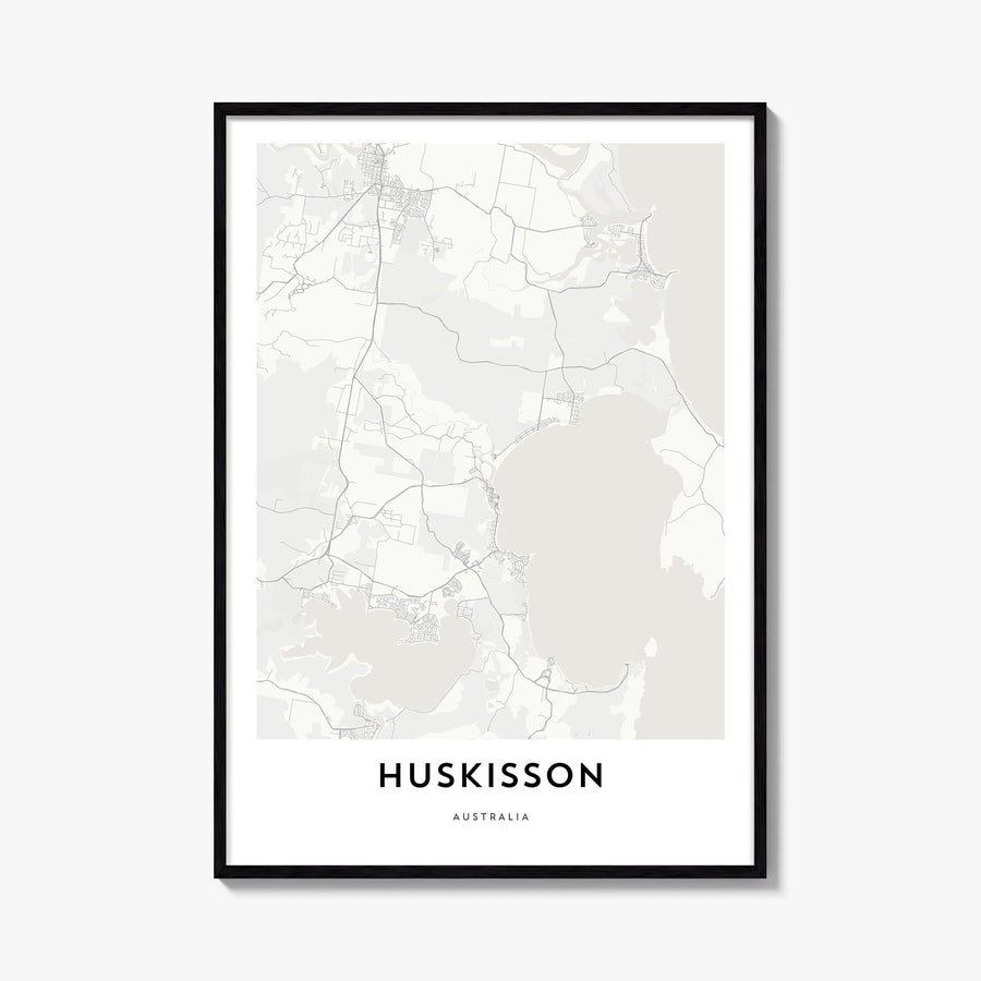 Huskisson black & white map poster of Australia – vertical wall art, unframed print shown in interior mockup