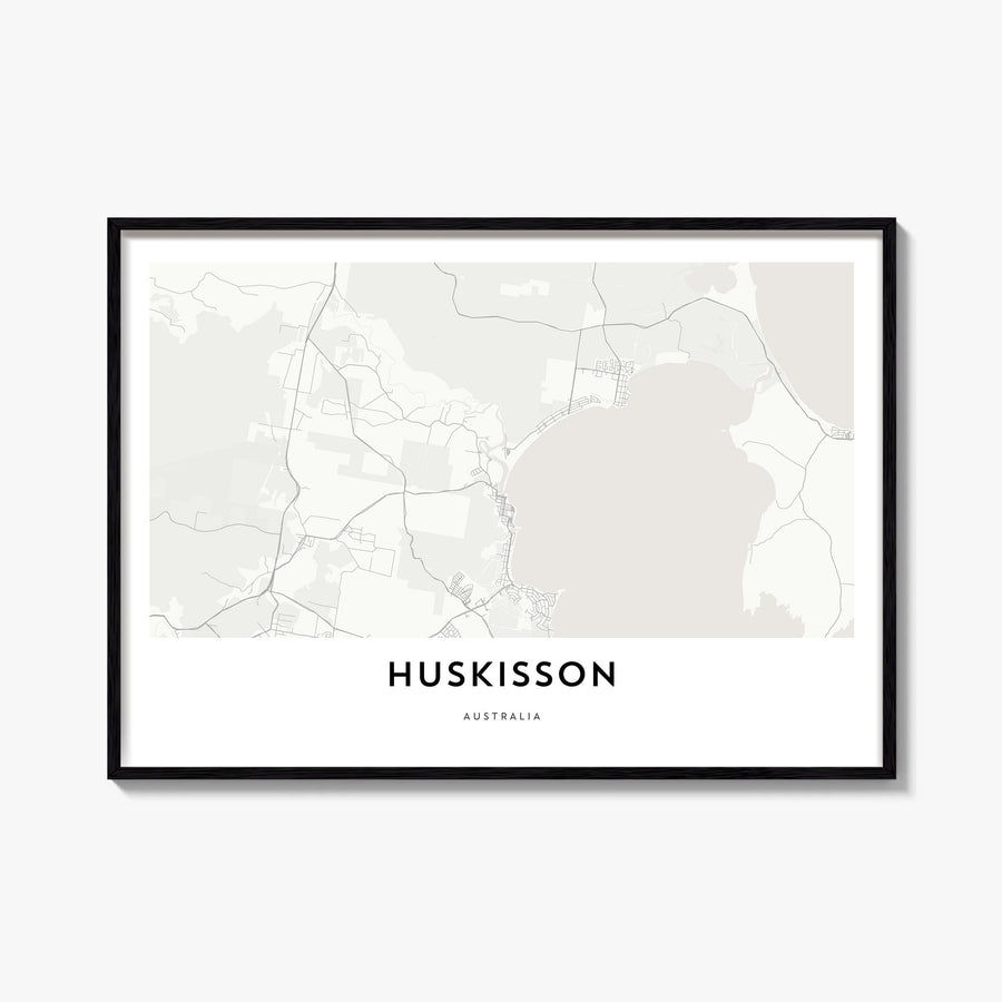 Huskisson black & white map poster of Australia – horizontal wall art, unframed print shown in interior mockup
