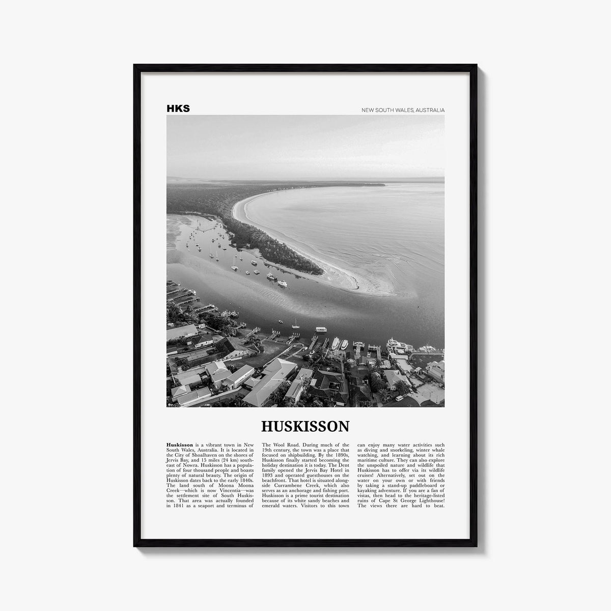 Huskisson black & white newspaper poster of Australia – vertical wall art, unframed print shown in interior mockup