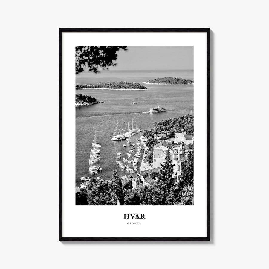 Hvar black & white classic poster of Croatia – vertical wall art, unframed print shown in interior mockup