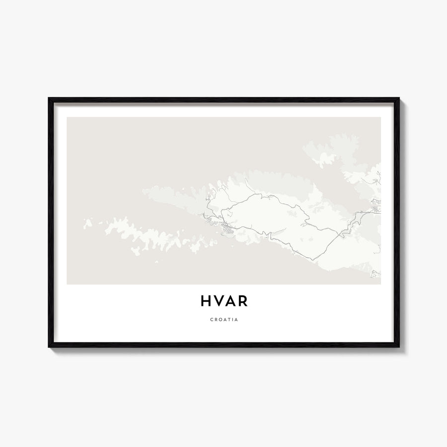 Hvar black & white map poster of Croatia – horizontal wall art, unframed print shown in interior mockup